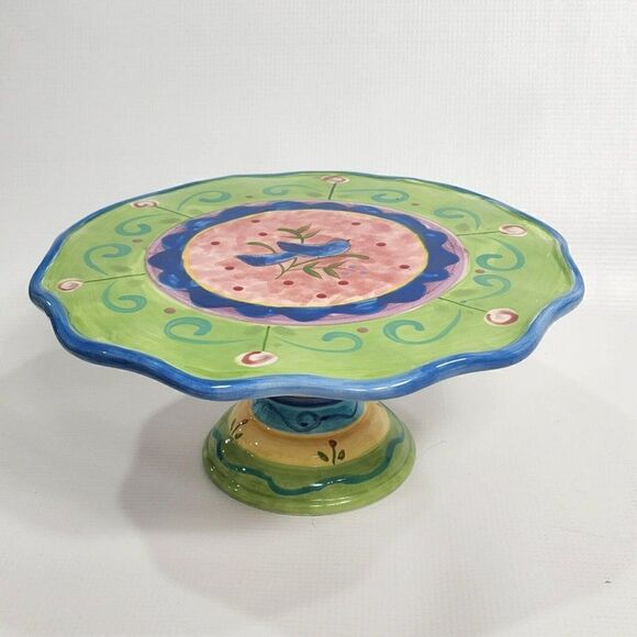 Certified International 10" Green Bird Ceramic Cake Stand Pedestal - Picture 1 of 12